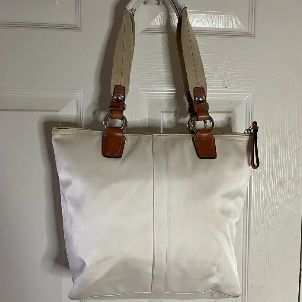 Coach Hampton Beige satin and orange accents satchel with silver tone hardwares